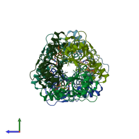 PDB entry 1xs1 coloured by chain, side view.
