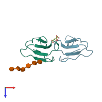 PDB entry 1xt3 coloured by chain, top view.