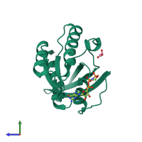 PDB entry 1xtr coloured by chain, side view.