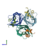 PDB entry 1xu2 coloured by chain, side view.