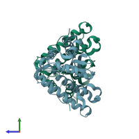 PDB entry 1xuq coloured by chain, side view.
