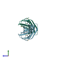 PDB entry 1xvs coloured by chain, side view.