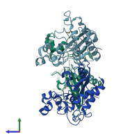 PDB entry 1xx5 coloured by chain, side view.