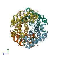 PDB entry 1xy0 coloured by chain, side view.