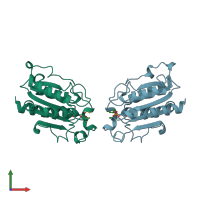 PDB entry 1xzk coloured by chain, front view.