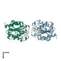 PDB entry 1xzk coloured by chain, top view.