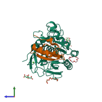 PDB entry 1y1k coloured by chain, side view.