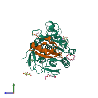 Hetero dimeric assembly 1 of PDB entry 1y34 coloured by chemically distinct molecules, side view.