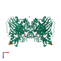 Homo dimeric assembly 5 of PDB entry 1y7v coloured by chemically distinct molecules, top view.