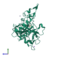 Monomeric assembly 2 of PDB entry 1y7w coloured by chemically distinct molecules, side view.