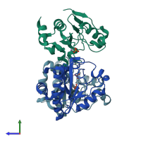PDB entry 1yb0 coloured by chain, side view.