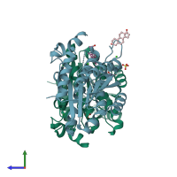 PDB entry 1yb1 coloured by chain, side view.