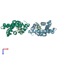 PDB entry 1ycb coloured by chain, top view.