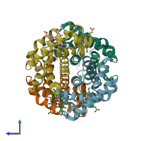 PDB entry 1yev coloured by chain, side view.