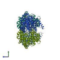 PDB entry 1yey coloured by chain, side view.