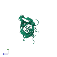 PDB entry 1yez coloured by chain, ensemble of 10 models, side view.