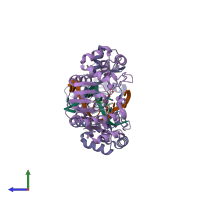 PDB entry 1yf3 coloured by chain, side view.