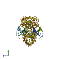 PDB entry 1yfi coloured by chain, side view.