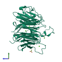 PDB entry 1yfq coloured by chain, side view.