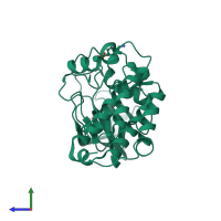 Monomeric assembly 2 of PDB entry 1yi6 coloured by chemically distinct molecules, side view.