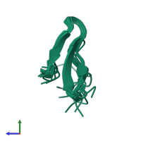 PDB entry 1yiu coloured by chain, ensemble of 8 models, side view.