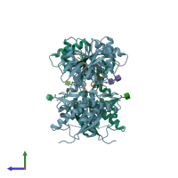 PDB entry 1yk0 coloured by chain, ensemble of 2 models, side view.