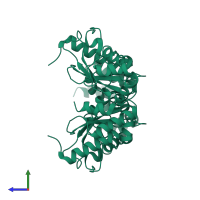 Homo dimeric assembly 1 of PDB entry 1yla coloured by chemically distinct molecules, side view.