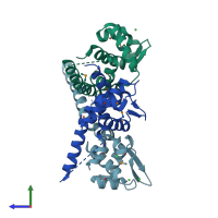 PDB entry 1ylf coloured by chain, side view.