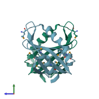 PDB entry 1ylx coloured by chain, side view.