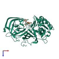 Hetero dimeric assembly 1 of PDB entry 1ym4 coloured by chemically distinct molecules, top view.