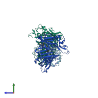 PDB entry 1ym4 coloured by chain, side view.