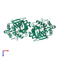 Homo dimeric assembly 3 of PDB entry 1yoe coloured by chemically distinct molecules, top view.