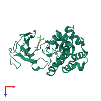 Monomeric assembly 2 of PDB entry 1yom coloured by chemically distinct molecules, top view.