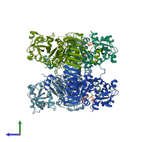 PDB entry 1yp3 coloured by chain, side view.
