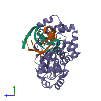 PDB entry 1yqk coloured by chain, side view.