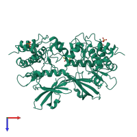 Homo dimeric assembly 1 of PDB entry 1yrp coloured by chemically distinct molecules, top view.