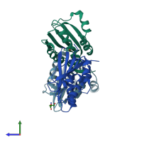 PDB entry 1ys3 coloured by chain, side view.