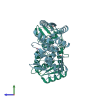 PDB entry 1ys7 coloured by chain, side view.