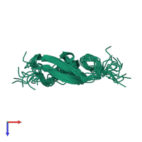 PDB entry 1yug coloured by chain, ensemble of 15 models, top view.