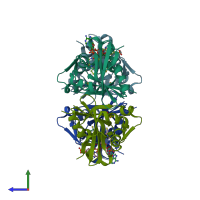 PDB entry 1yvk coloured by chain, side view.