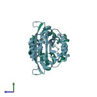 PDB entry 1yvo coloured by chain, side view.