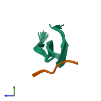 PDB entry 1ywi coloured by chain, ensemble of 15 models, side view.