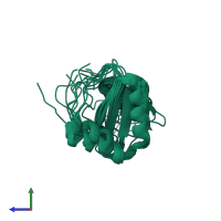 PDB entry 1ywl coloured by chain, ensemble of 10 models, side view.