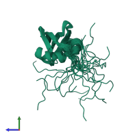 PDB entry 1ywx coloured by chain, ensemble of 20 models, side view.