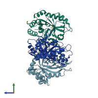 PDB entry 1yx1 coloured by chain, side view.