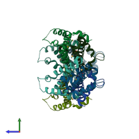 PDB entry 1yxb coloured by chain, side view.