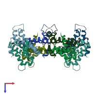 PDB entry 1yxb coloured by chain, top view.