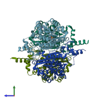 PDB entry 1yxm coloured by chain, side view.
