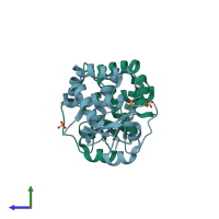 PDB entry 1yz4 coloured by chain, side view.