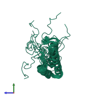 PDB entry 1yzc coloured by chain, ensemble of 10 models, side view.